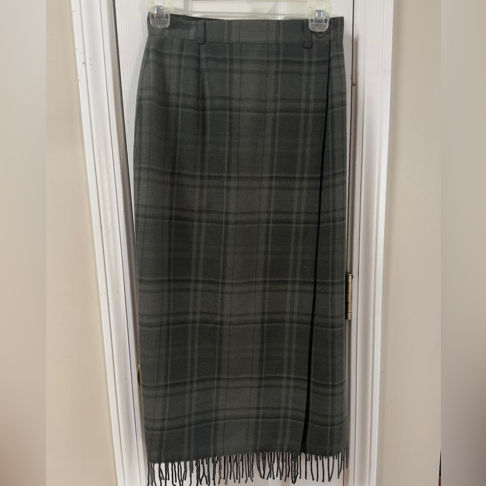Lauren Ralph Lauren wool green plaid fringe midi wrap skirt (mix20)